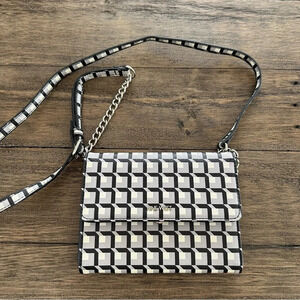 Nine West Faux Leather Geo Check Print Crossbody bag Purse Black Gray Work Chain